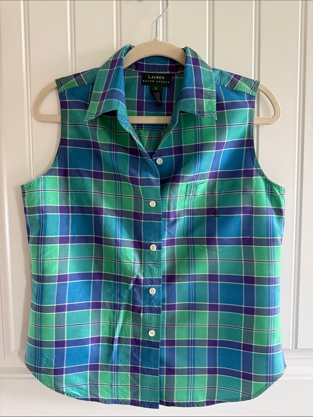 Lauren Ralph Lauren 100% Silk Plaid Sleeveless Button Down Blouse | Size 8